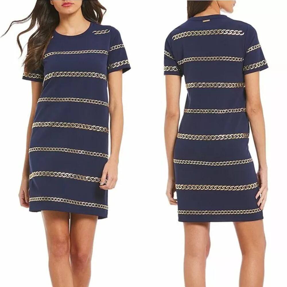 NWT MICHAEL Michael Kors Embellished Chain Knit Shift Dress Scuba Crepe Medium